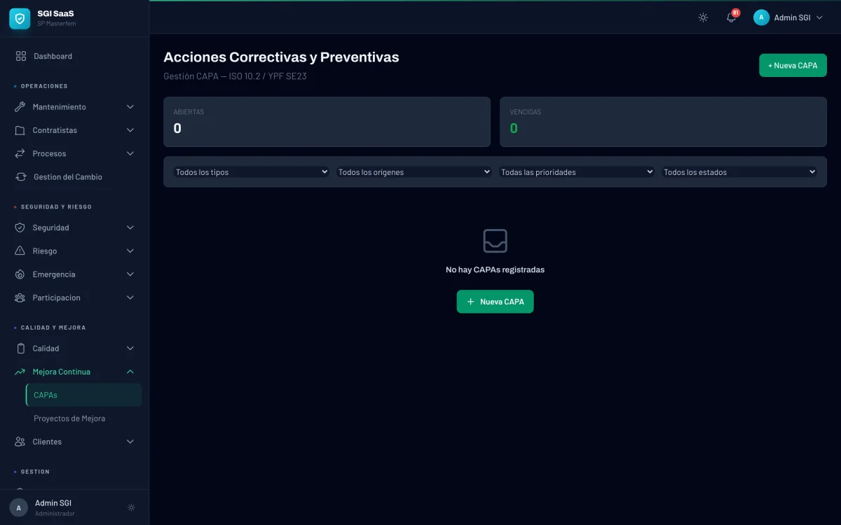 Listado de acciones correctivas y preventivas (CAPA) en el SGI Digital
