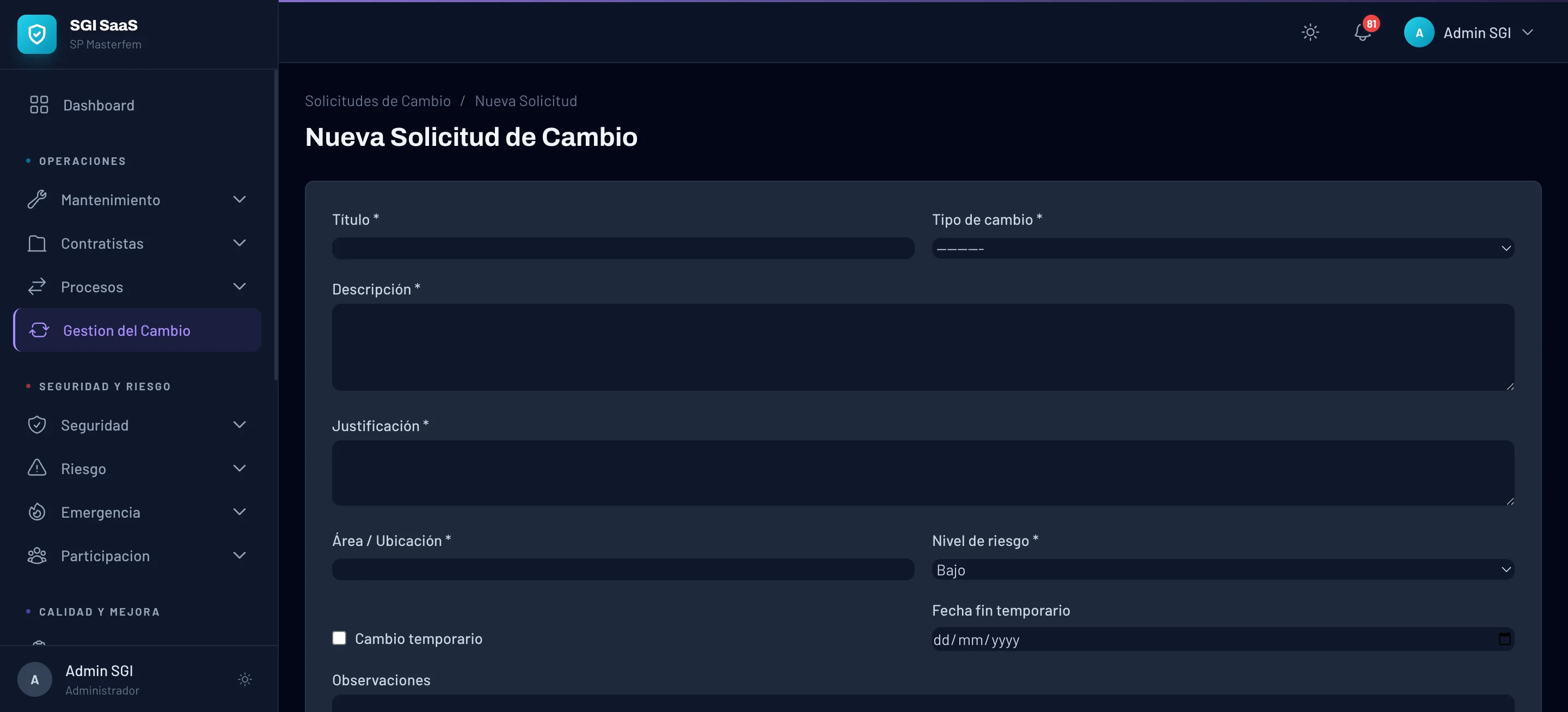 Formulario de nueva solicitud de cambio