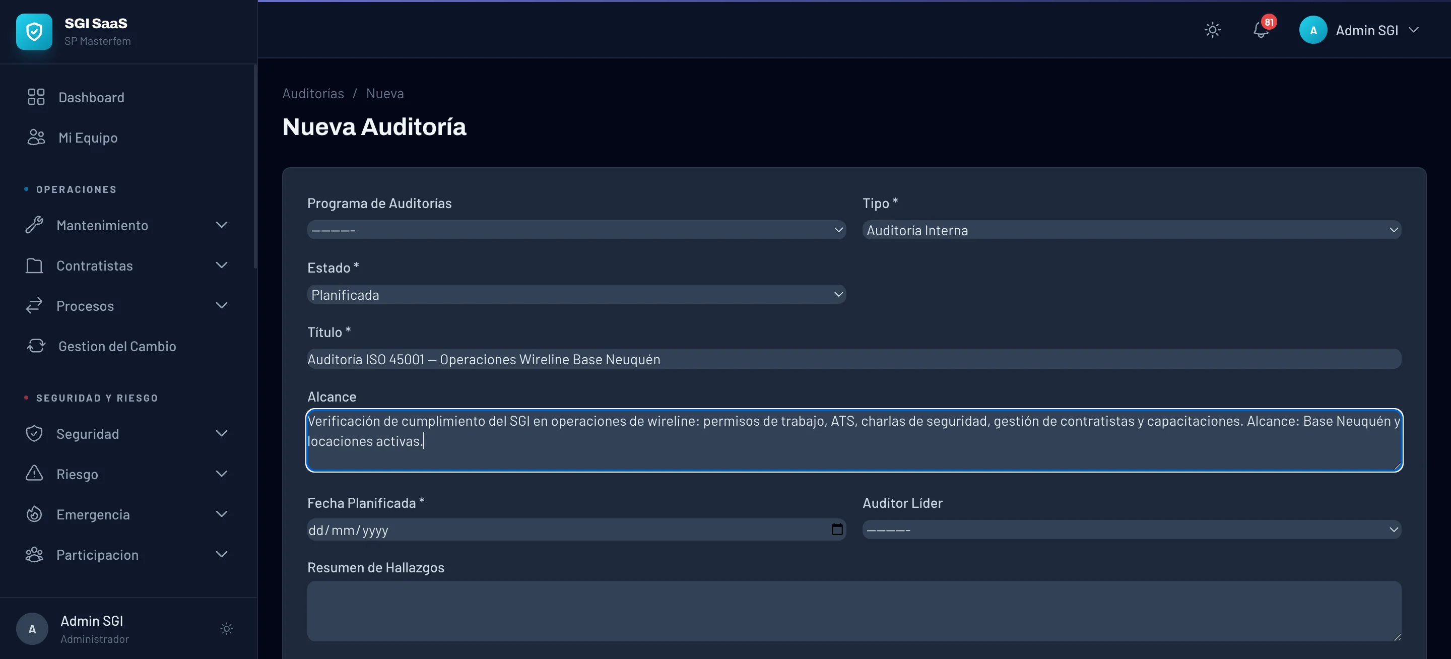 Formulario de auditoria interna ISO 45001 para wireline