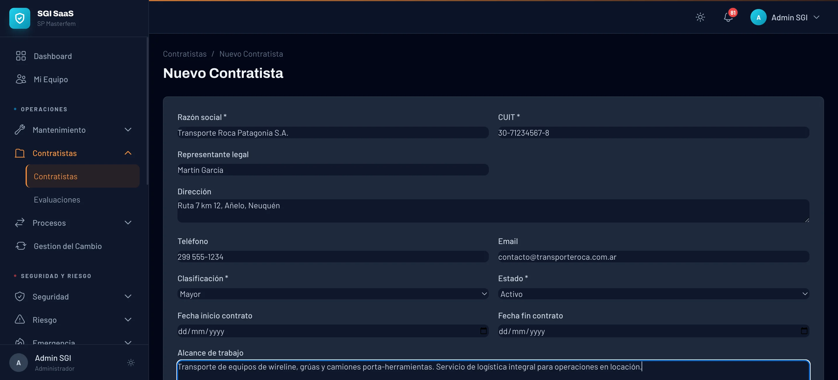 Formulario de alta de contratista con datos de transporte