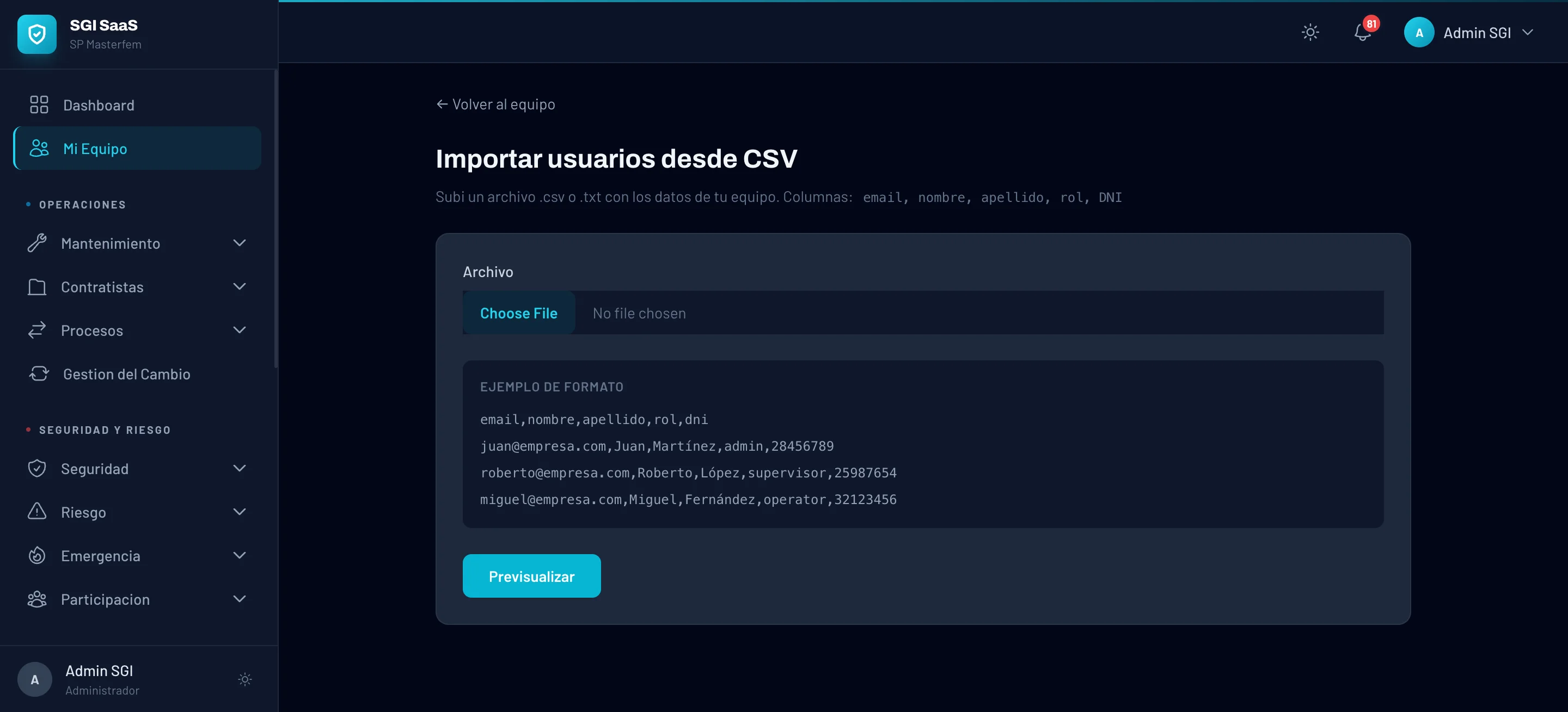 Pagina de importacion CSV con formato de ejemplo
