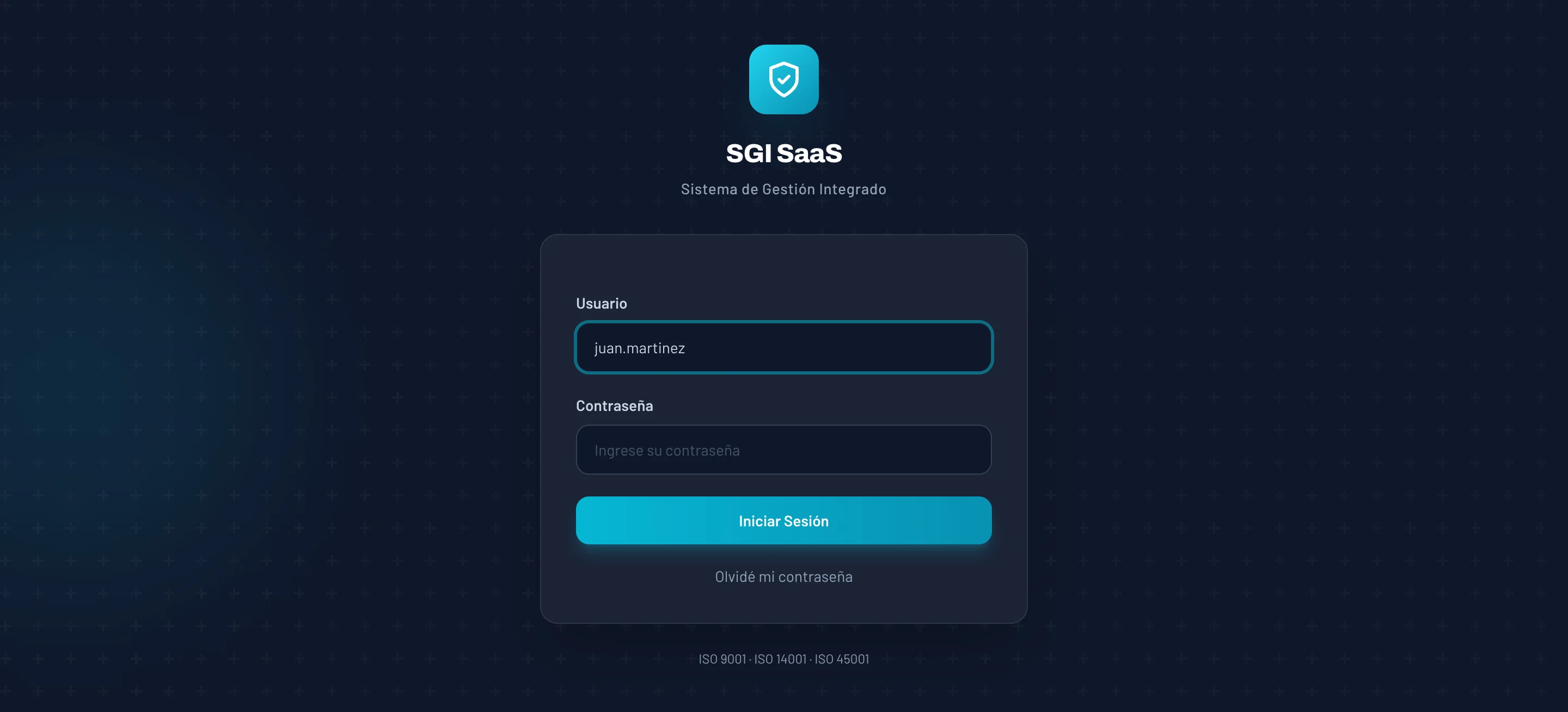 Pantalla de login del SGI SaaS