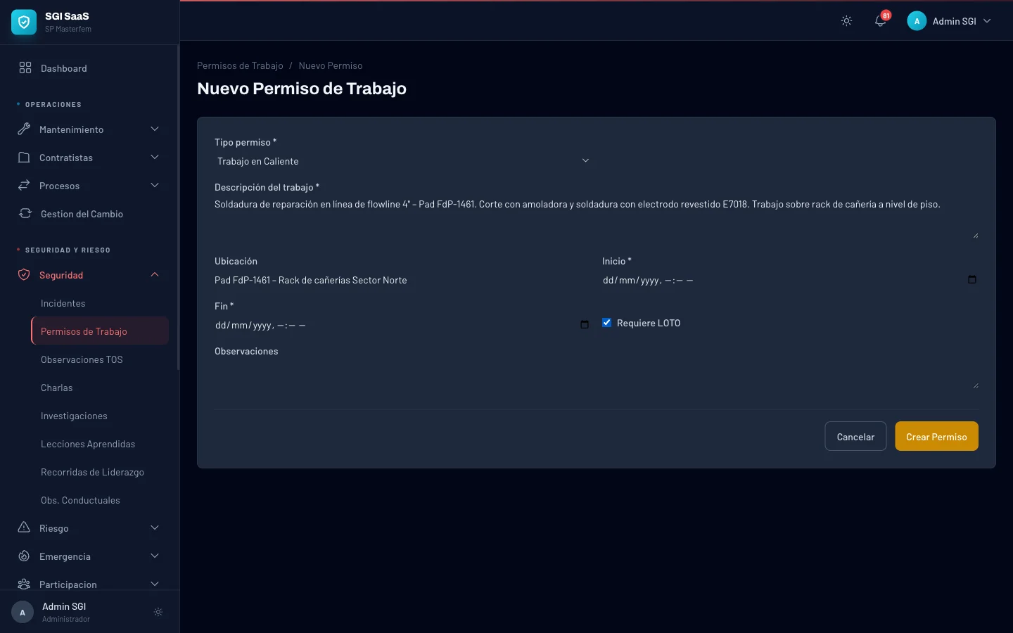 Permiso de trabajo en caliente para soldadura en flowline