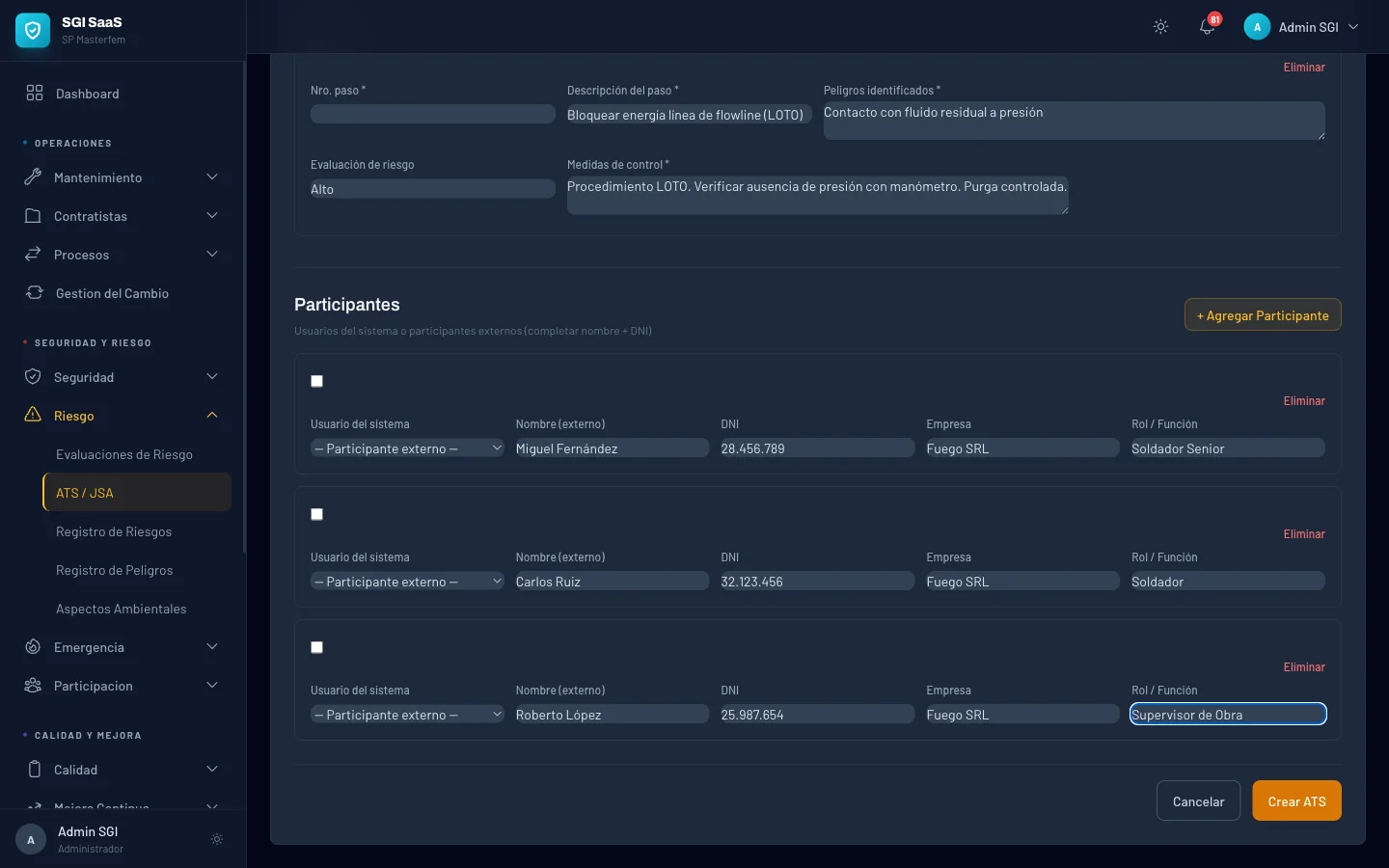 ATS con pasos de soldadura, peligros y controles