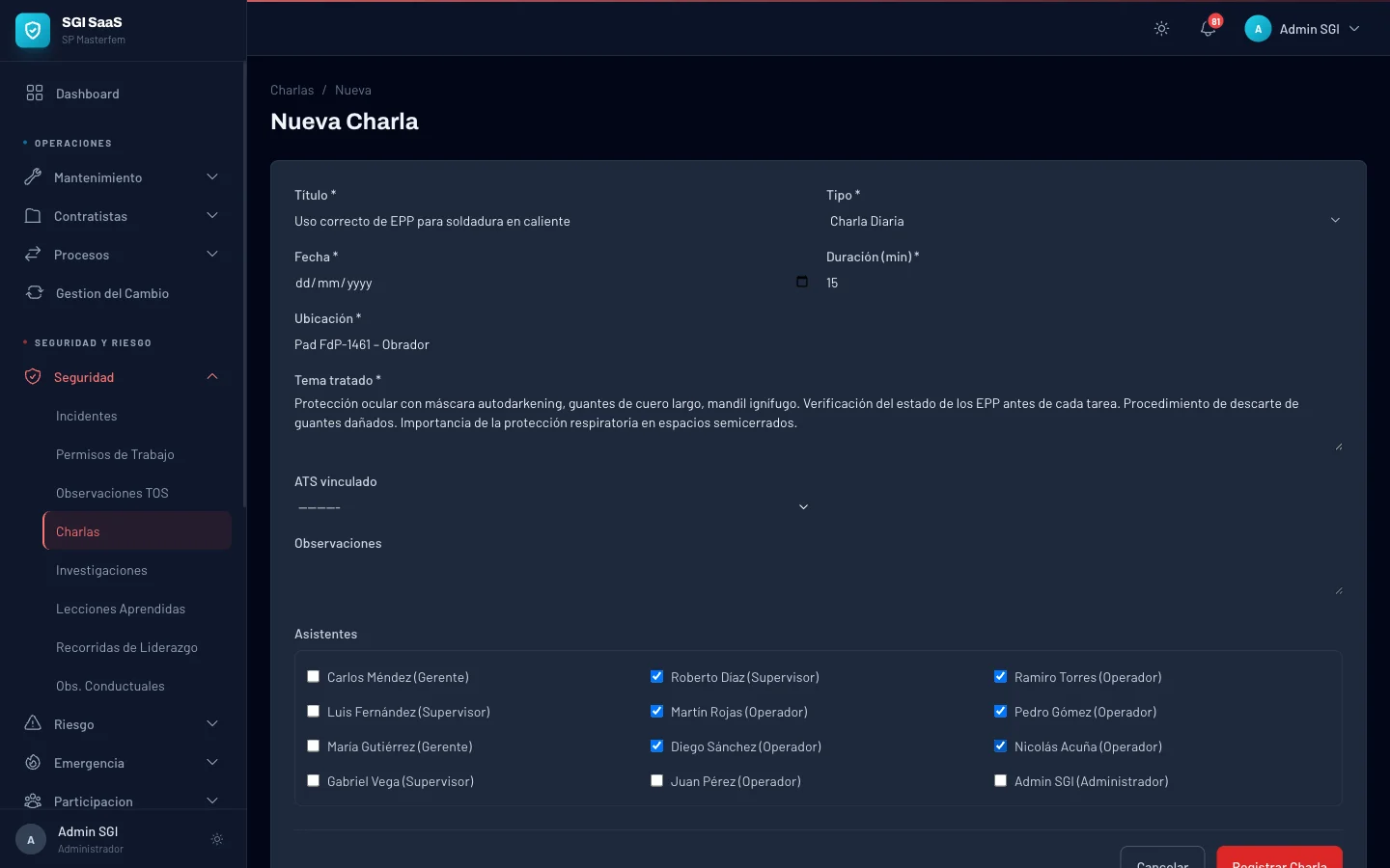 Charla de seguridad sobre EPP para soldadura con asistentes