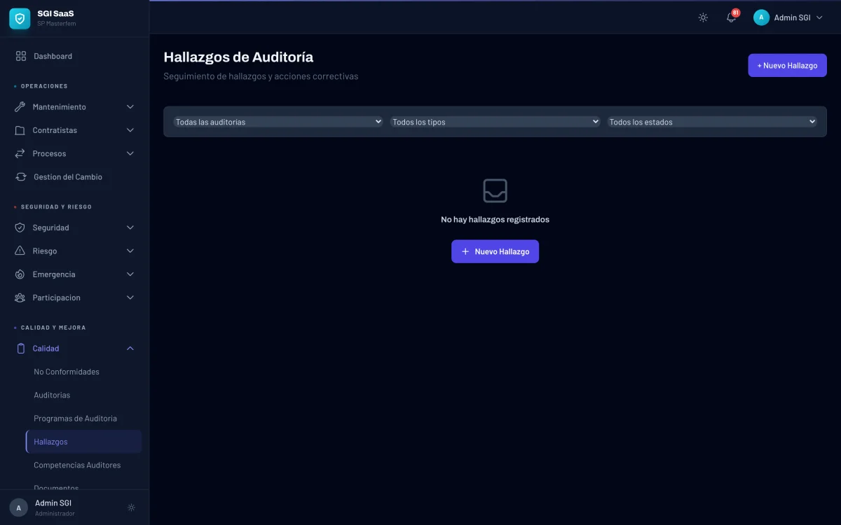 Listado de hallazgos de auditor&iacute;a