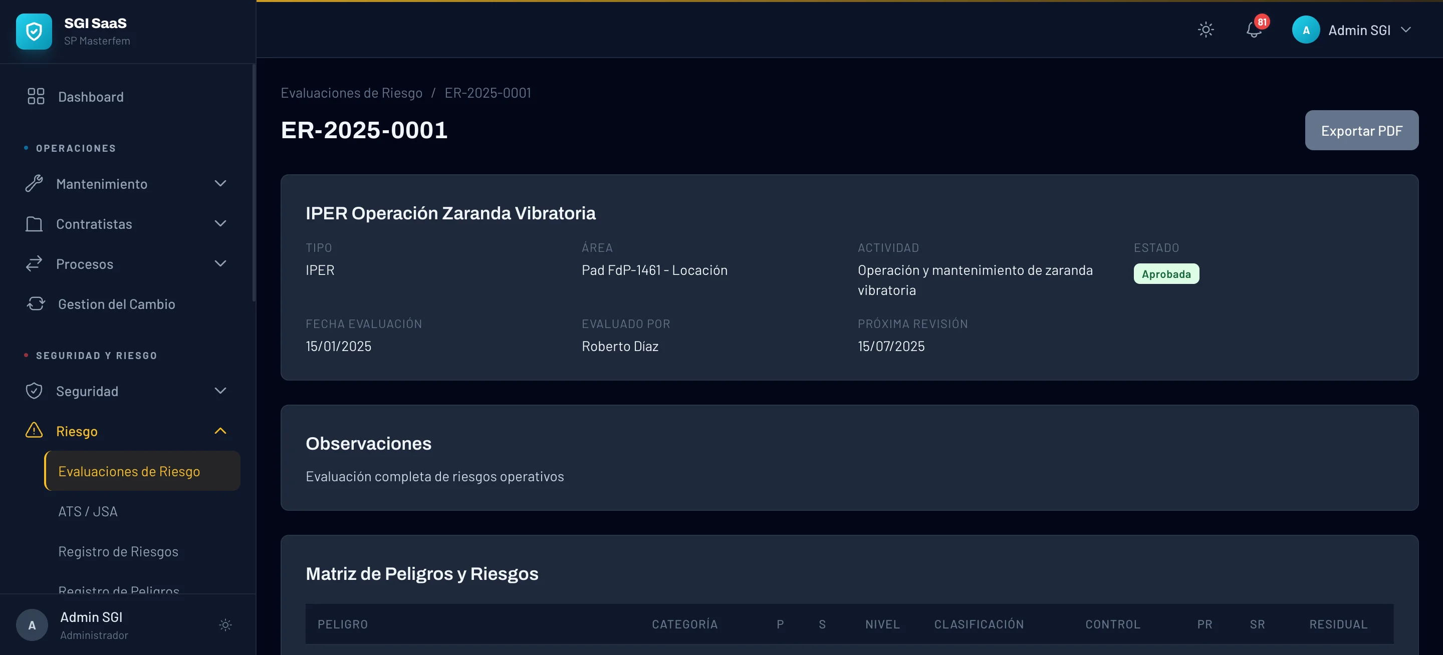 Detalle de evaluacion IPER con matriz de riesgos
