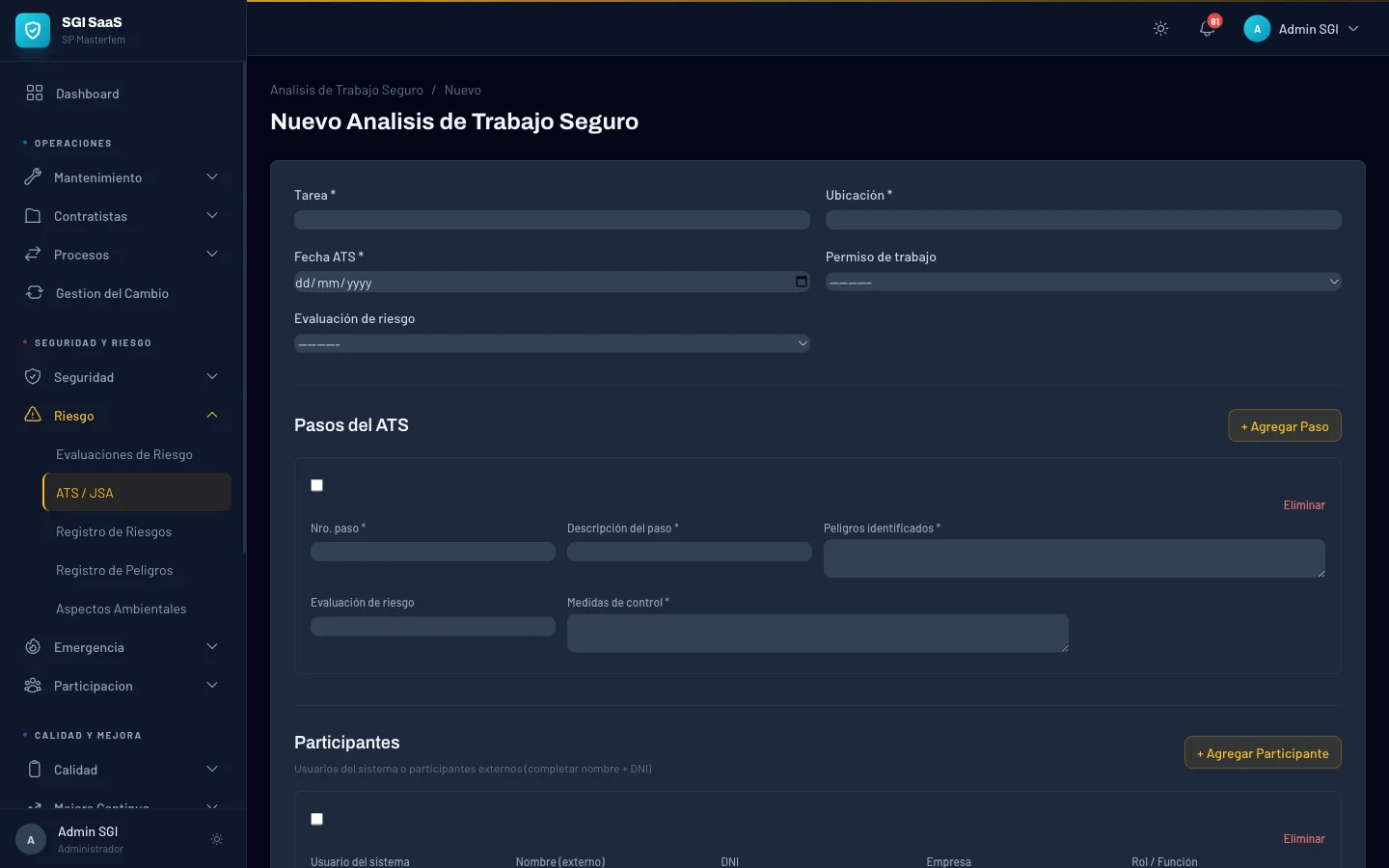 Formulario de nuevo ATS con pasos y participantes