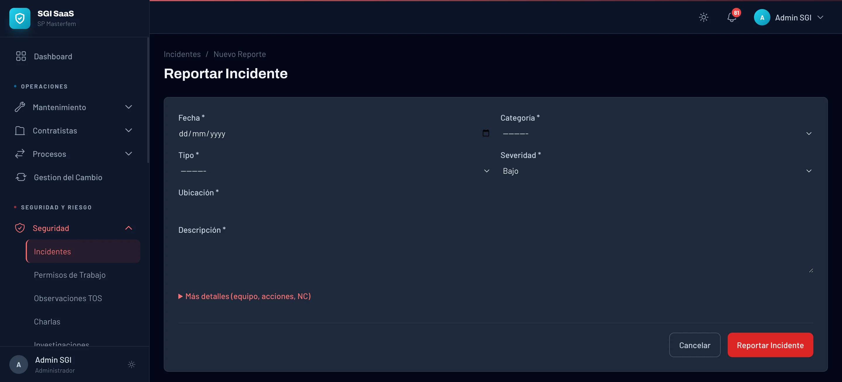Formulario de registro de nuevo incidente