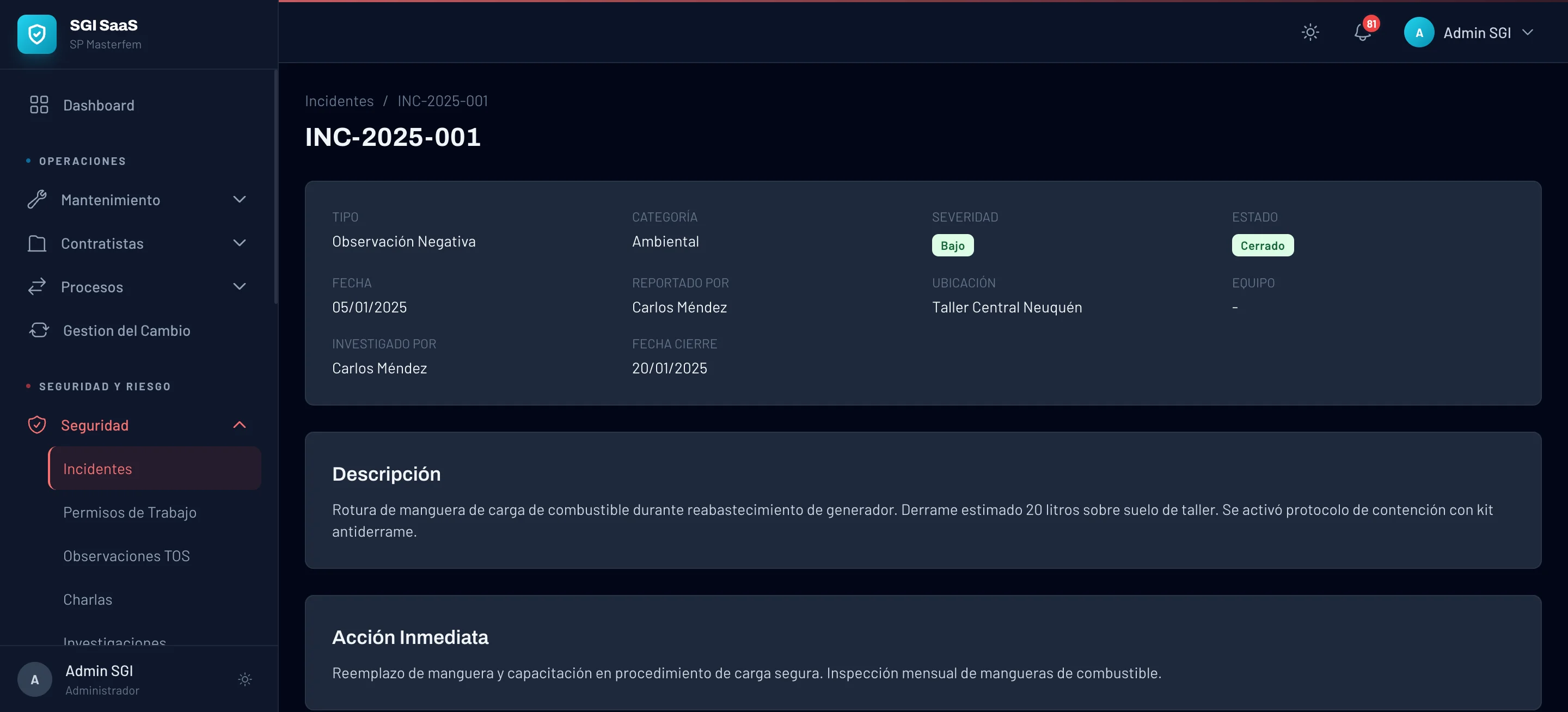 Detalle de incidente con acciones correctivas