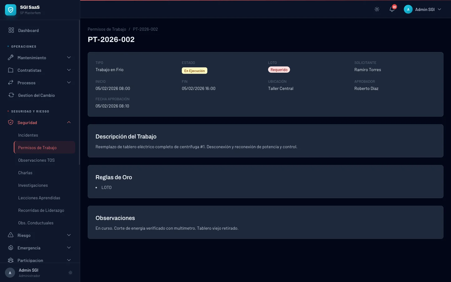 Detalle de permiso de trabajo con LOTO requerido