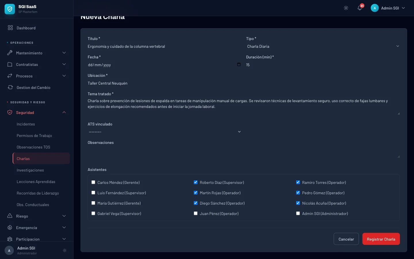 Grilla de asistentes con checkboxes para registro digital