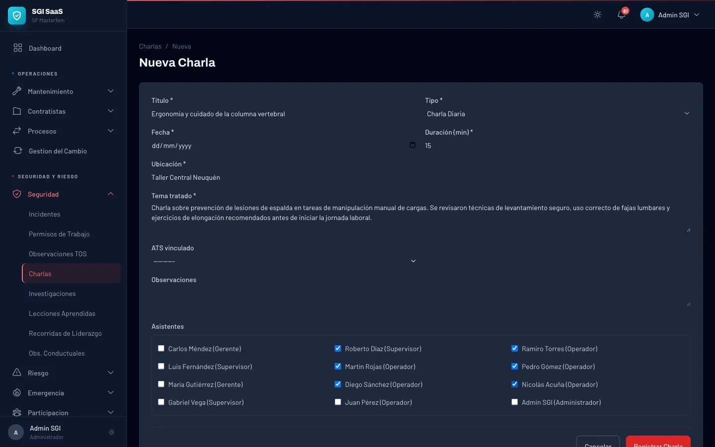 Formulario de charla de seguridad sobre ergonomia